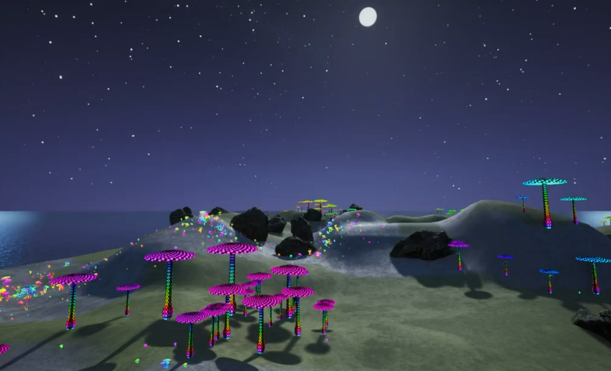 Goplandia preview — a glowing mushroom-covered island at night